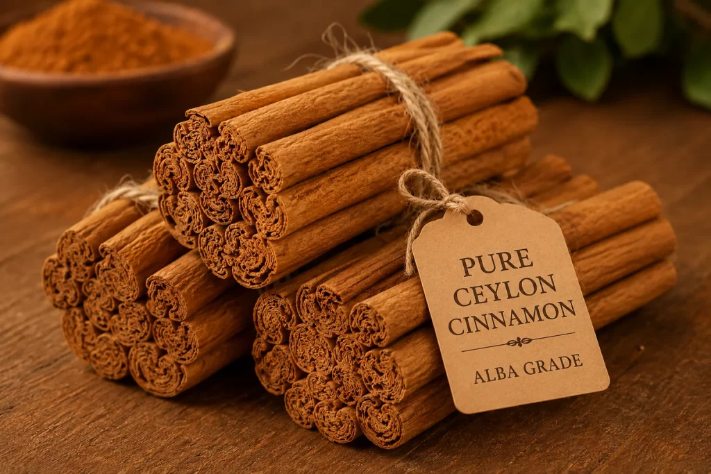 True Ceylon cinnamon Alba grade quills with layered structure tied in bundles, premium Sri Lanka sourced cinnamon for luxury hospitality and gift sets