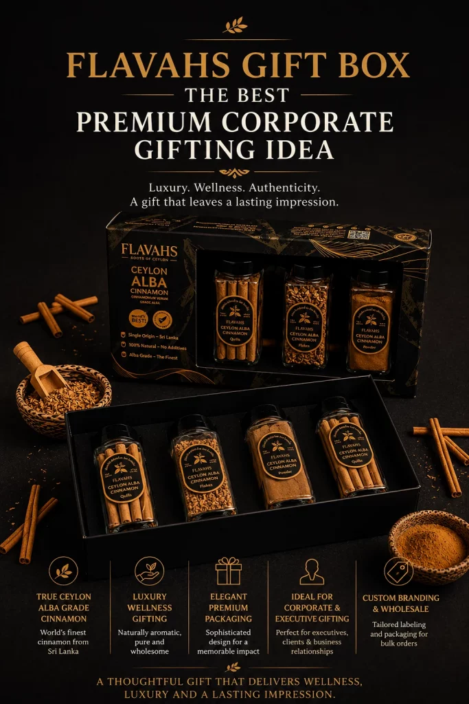 Luxury Ceylon Alba cinnamon sticks inside a premium corporate gifting box by Flavahs