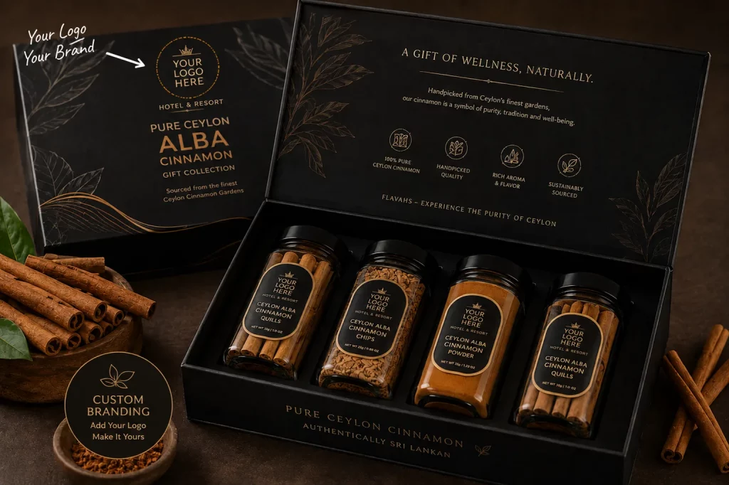 Custom branded luxury hotel welcome gift box with “Your Logo Here” packaging featuring premium Ceylon cinnamon products for hospitality and resort gifting
