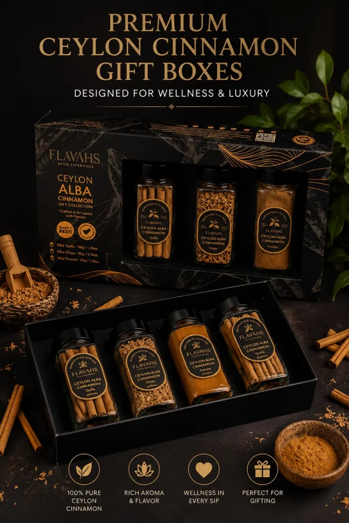 Premium Ceylon cinnamon gift boxes by Flavahs featuring luxury wellness packaging with Alba cinnamon quills, chips, and powder in elegant black gift boxes