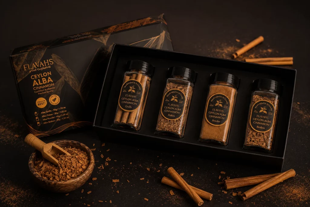 Premium Ceylon Alba cinnamon gift box with four jars for wholesale supply to luxury hotels and hospitality brands in the USA and personal usage D2C