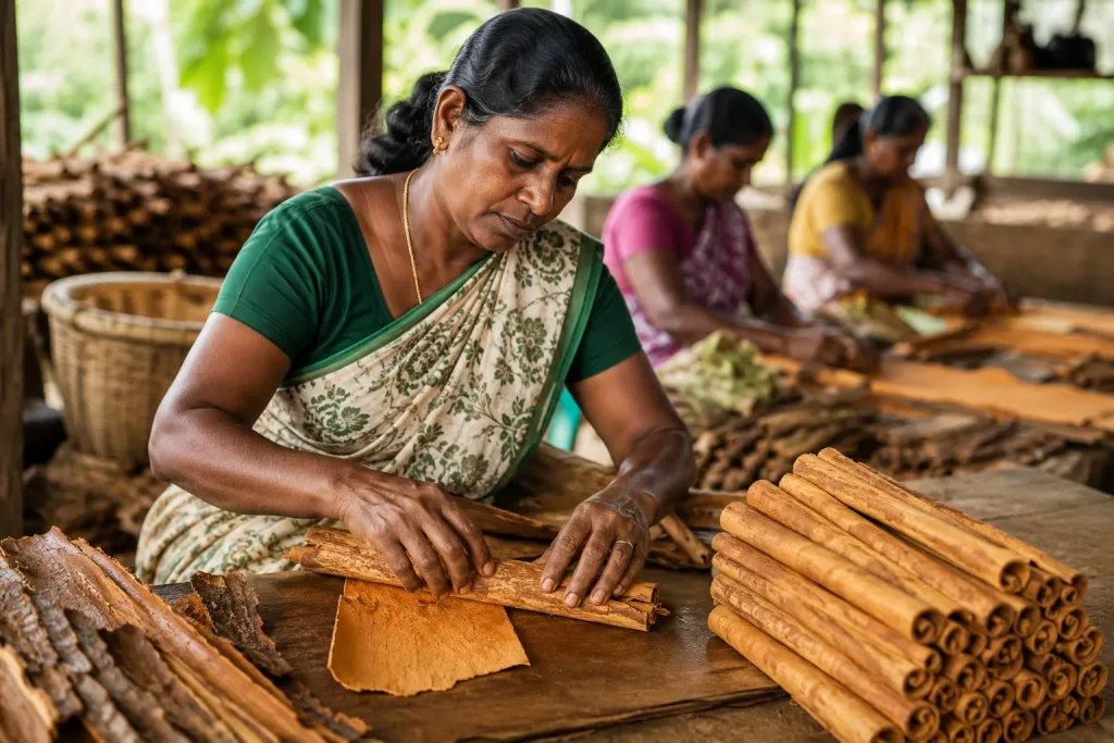 Sri Lankan artisan hand-rolling premium Ceylon cinnamon quills for wholesale supply to luxury hotels and hospitality brands